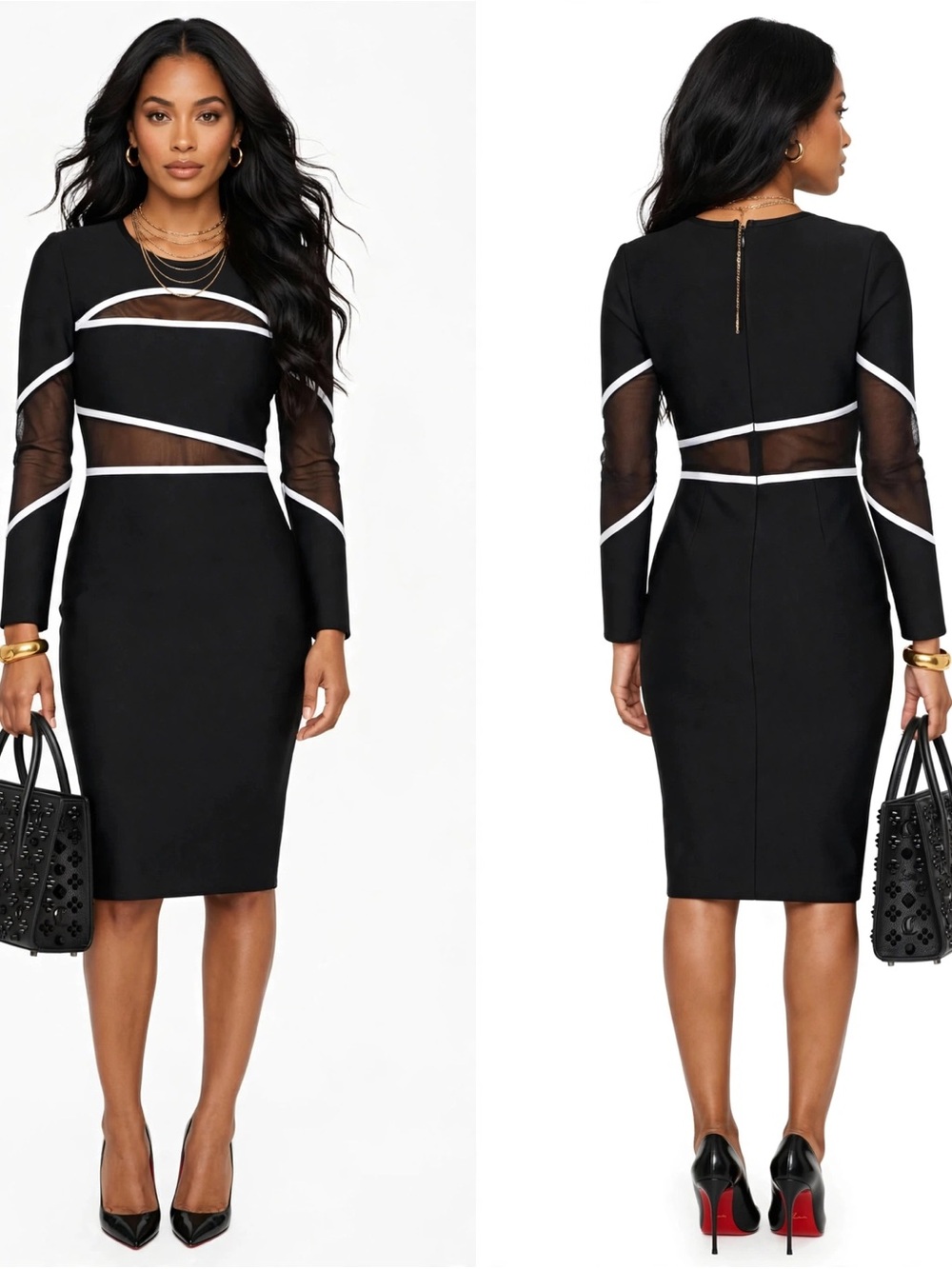 Karen Millen Black Midi Dress with White Trim